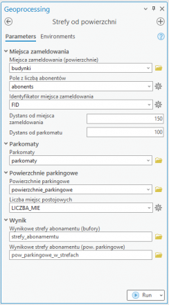 Okno interfejsu graficznego jednego ze stworzonych narzędzi programu ArcGIS PRO